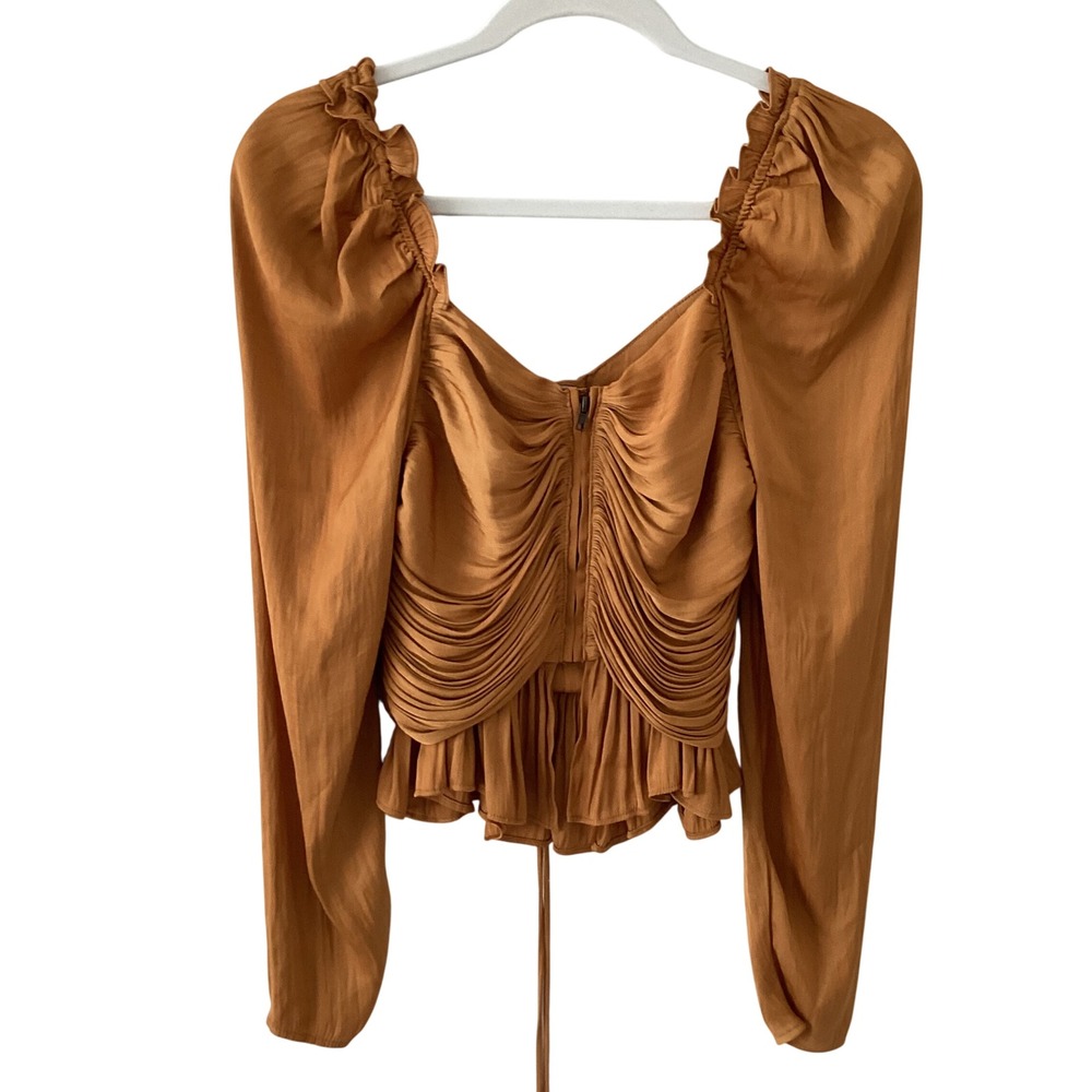 House of Harlow 1960‎ Ruched Peplum Blouse Brown Puff Sleeve Square Neck Small